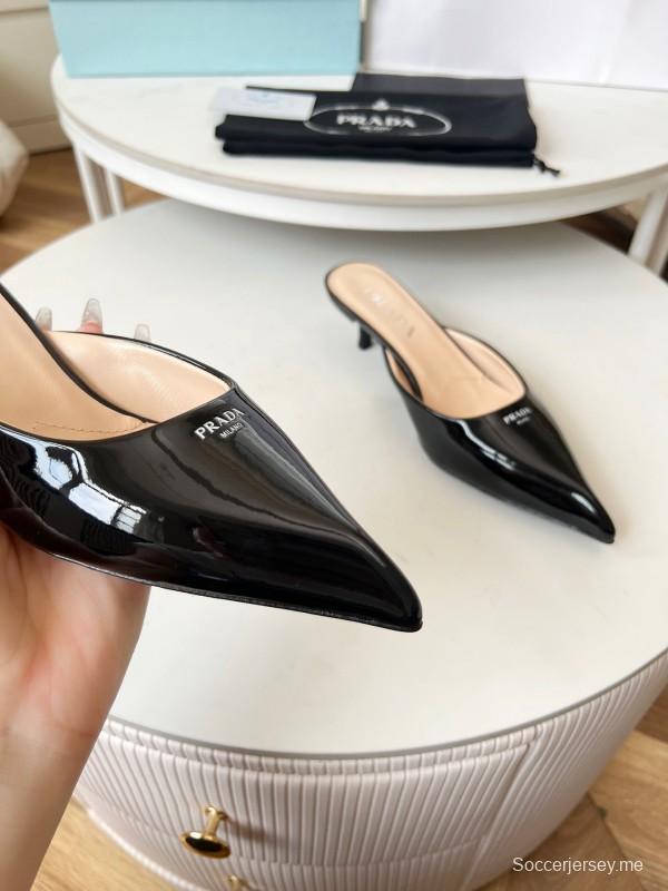 2025 Women Prada Black Patent Leather Heeled Slippers LY