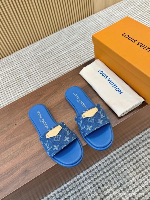2025 Women Louis Vuitton Blue Denim Leather Slippers LY00200