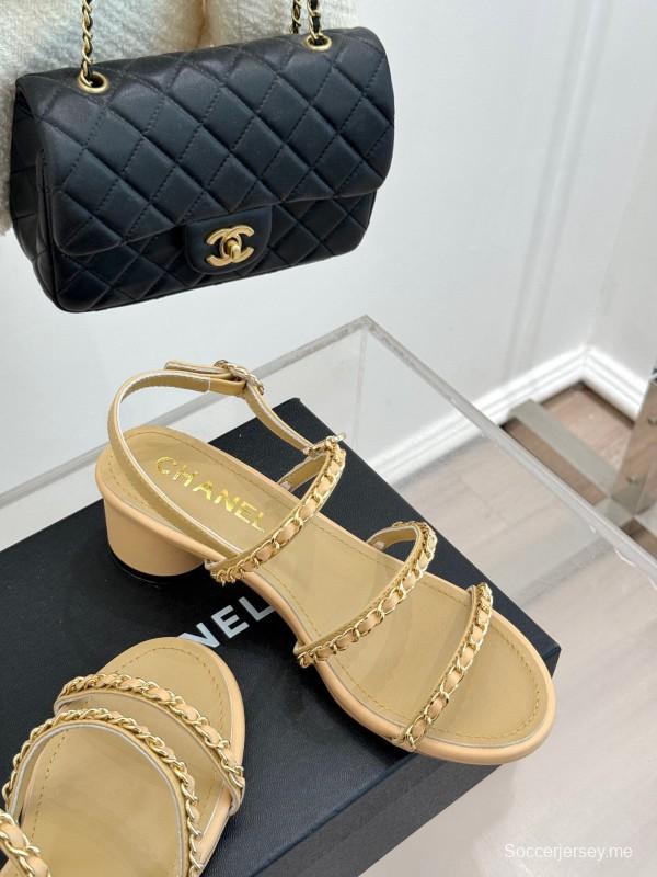 2025 Women Chanel Beige Lambskin Chain Strap Block Heel Sandals