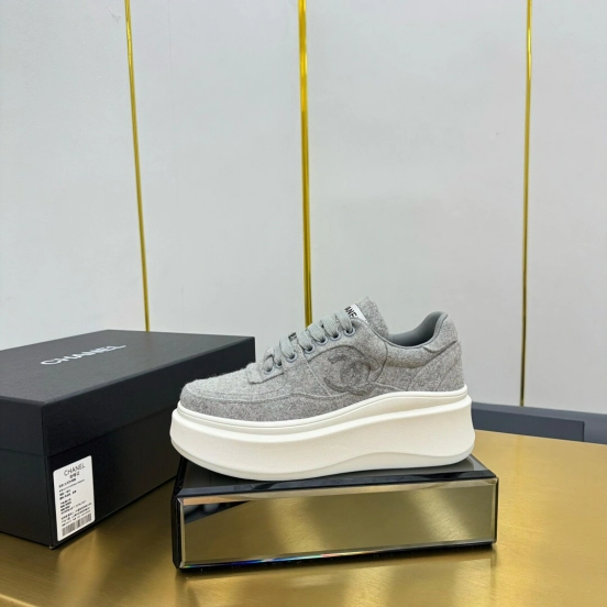 2025 Women Chanel Grey Wool Platform Sneakers