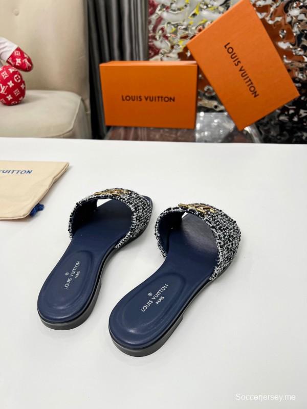 2025 Women Louis Vuitton Navy Tweed Leather Slippers LY00210