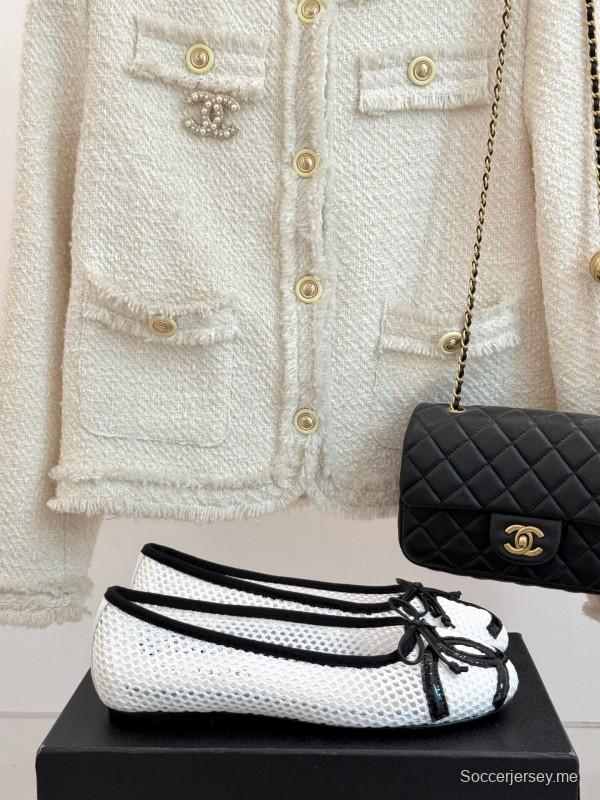 2025 Women Chanel White Black Leather Mesh Ballet Flats KFY00260