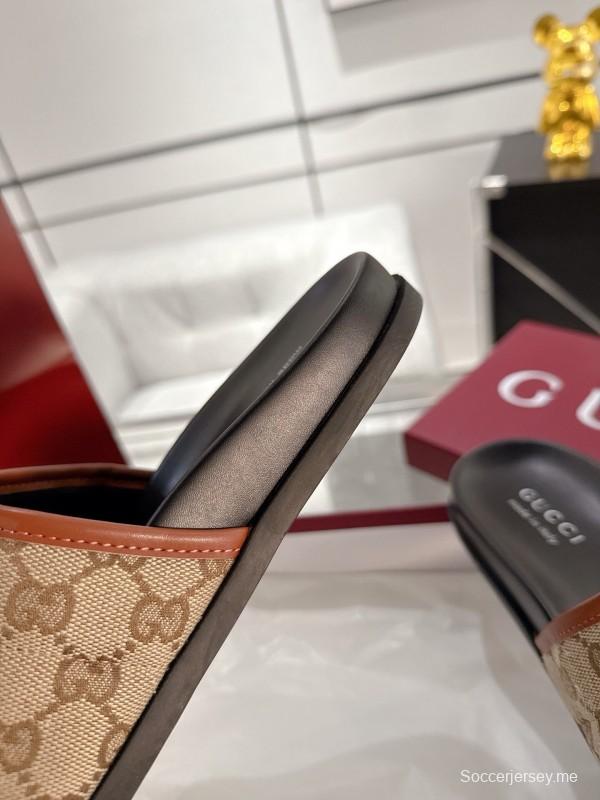 2025 Unisex Gucci Beige Brown Canvas Leather Slippers GG Embossed AS00240