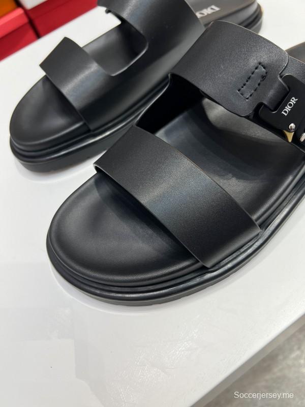 2025 Men Dior Black Leather Slippers Metal CD Diamond AS00190