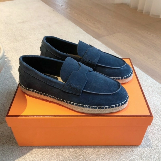 2025 Unisex Hermès Navy Blue Suede Calfskin Loafers AS00380