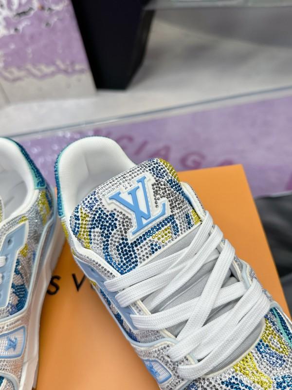 2025 Unisex Louis Vuitton Blue Yellow White Leather Denim Plimsolls Handcrafted Rhinestone AS00400