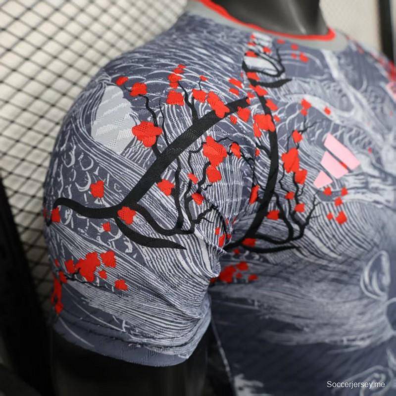 إصدار اللاعب 2025 قميص ياباني رمادي مع قميص بنقشة التنين التقليدي وزهرة الكرز