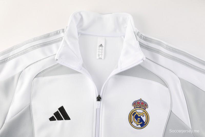 25/26 ريال مدريد جاكيت بسحاب كامل رمادي/أبيض + بنطلون طويل