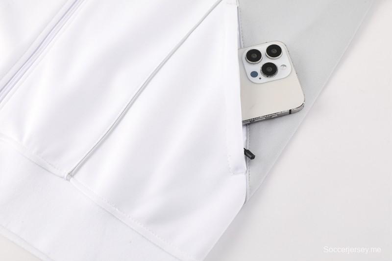 25/26 ريال مدريد جاكيت بسحاب كامل رمادي/أبيض + بنطلون طويل