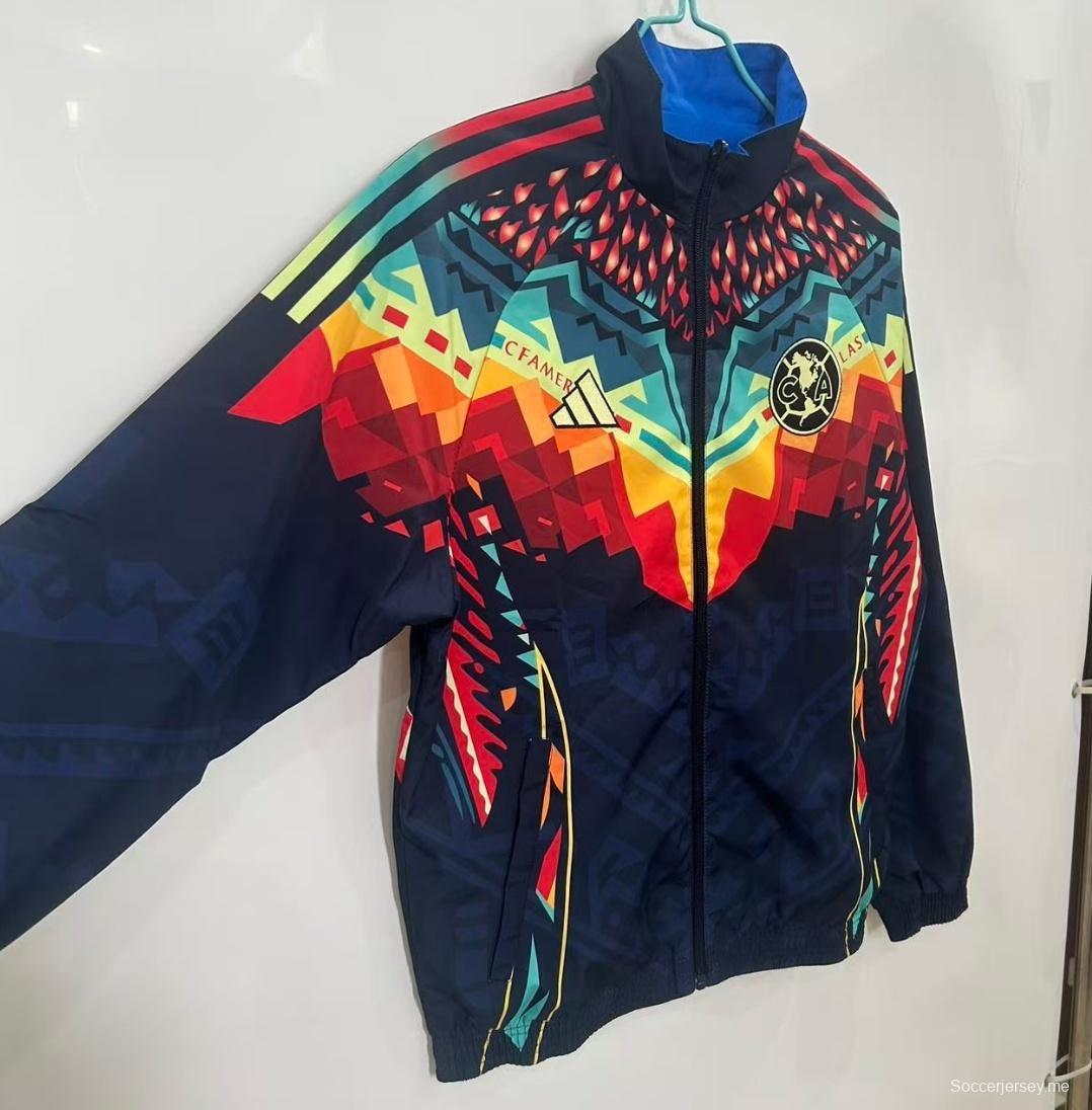 25/26 كلوب أمريكا بلون أزرق داكن مع سترة واقية من الرياح مستوحاة من نقوش هندسية مستوحاة من الأزتيك