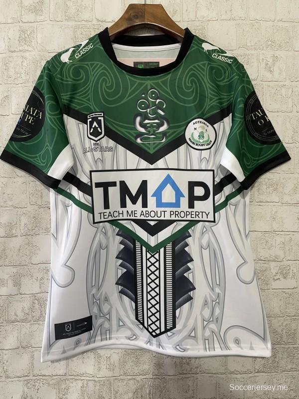 2026 قميص 2026 NRL ماوري أول ستارز أبيض بنقشة فن الماوري الأخضر