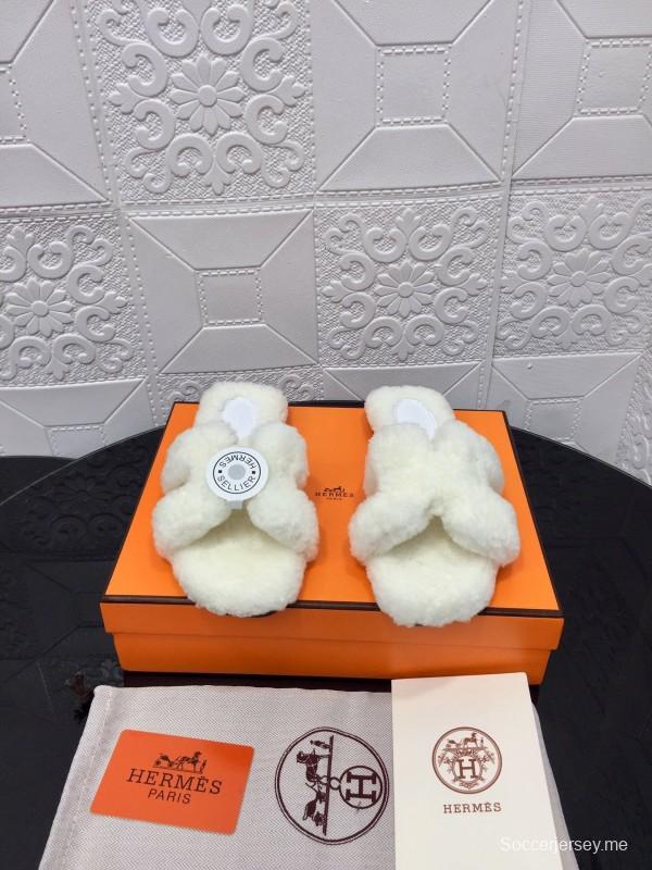 H Teddy Wool H Slippers Flat Sole Fur Slides - LY00240
