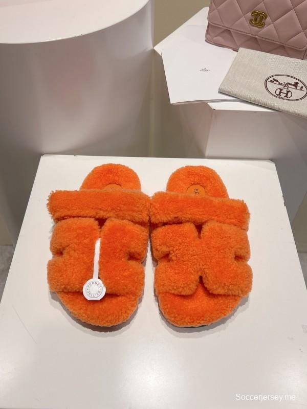 H Love Erjiu Full Wool Slippers with Wavy Fur Design - LY00270