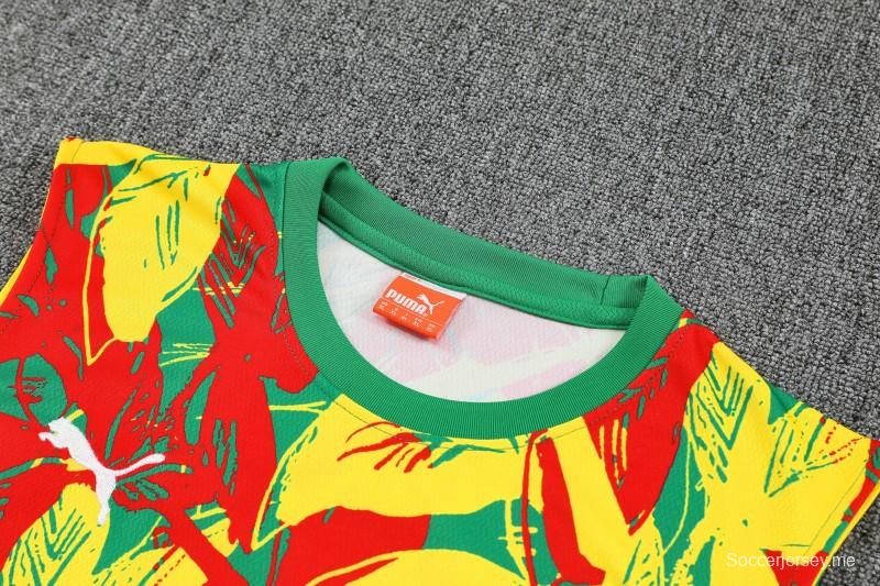 طقم من سترة تدريب بلا أكمام وشورت بنقشة زهور استوائية خضراء من 25/26 Senegal