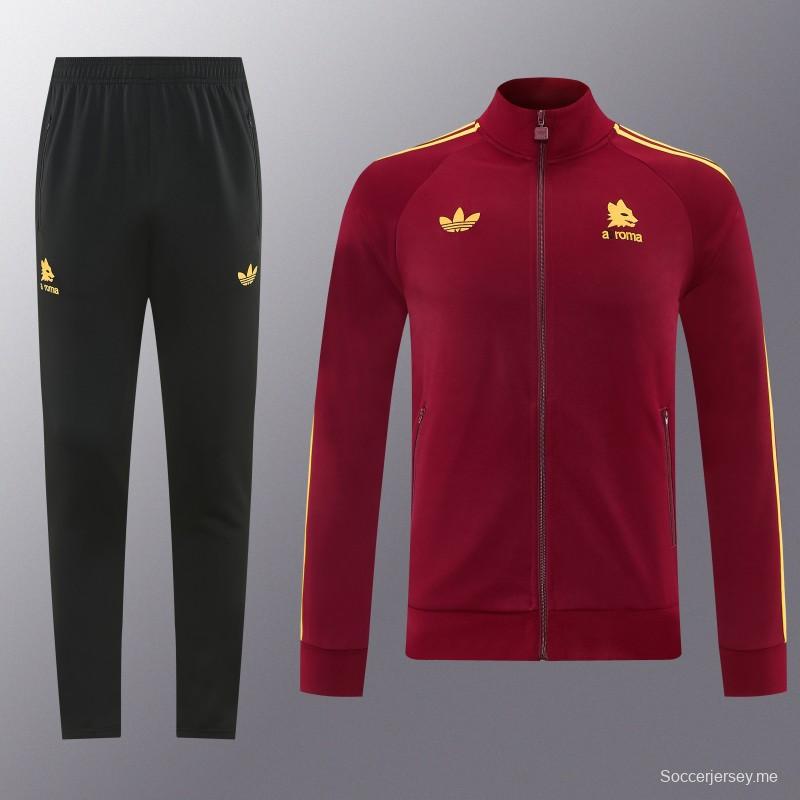 2026/27 AS Roma - طقم رياضي باللونين العنابي والذهبي مع سترة بسحاب كامل + بنطال طويل أسود