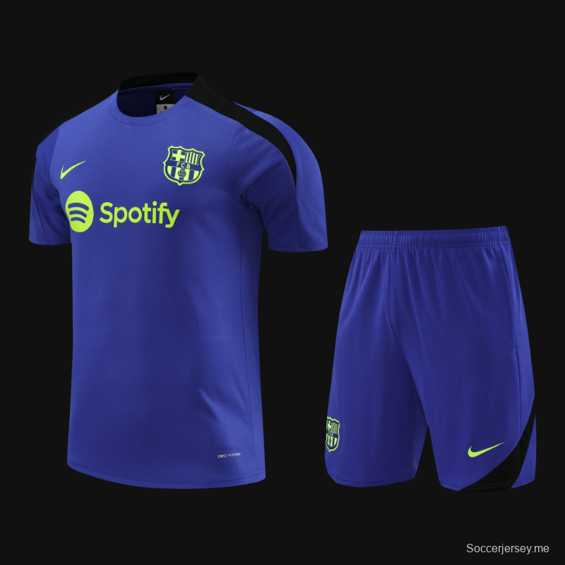 24/25 برشلونة أزرق أزرق قصير الأكمام جيريزي + شورت قصير الأكمام
