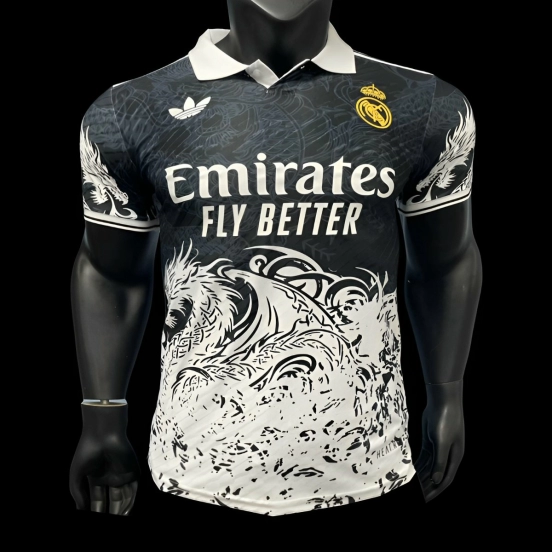 نسخة اللاعب 25/26 قميص ريال مدريد بتصميم تنين أسود وأبيض بتصميم تنين أسود