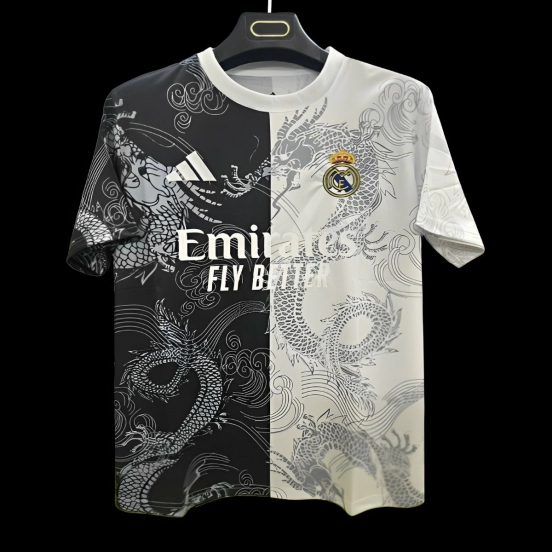 25/26 قميص ريال مدريد باللونين الأبيض والأسود بتصميم التنين المنفصل