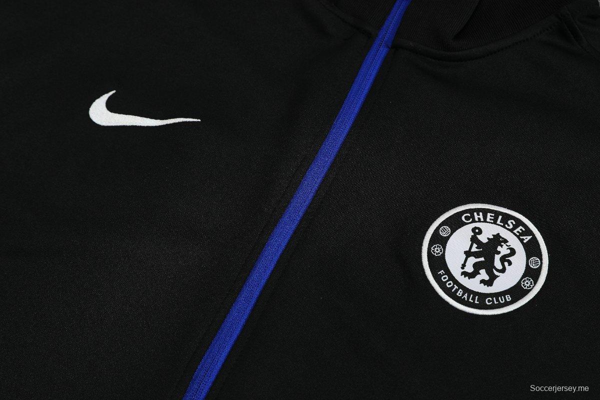 25/26 تشيلسي أسود مع لمسات زرقاء سترة رياضية بسحاب كامل + بنطلون طويل + جاكيت تشيلسي أسود مع لمسات زرقاء