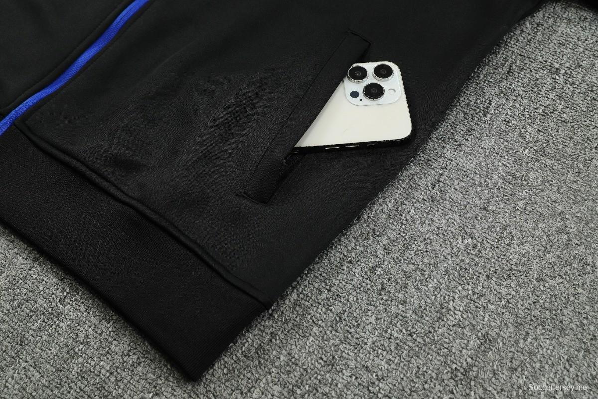 25/26 تشيلسي أسود مع لمسات زرقاء سترة رياضية بسحاب كامل + بنطلون طويل + جاكيت تشيلسي أسود مع لمسات زرقاء