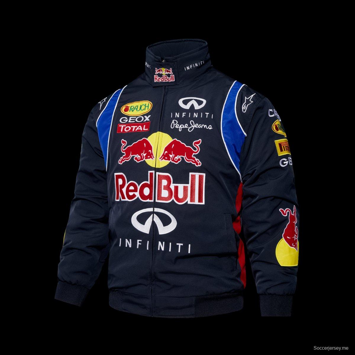 2026 سترة زرقاء داكنة لفريق Red Bull Infiniti F1 Racing Team مع شعارات متعددة للرعاة وتفاصيل زرقاء