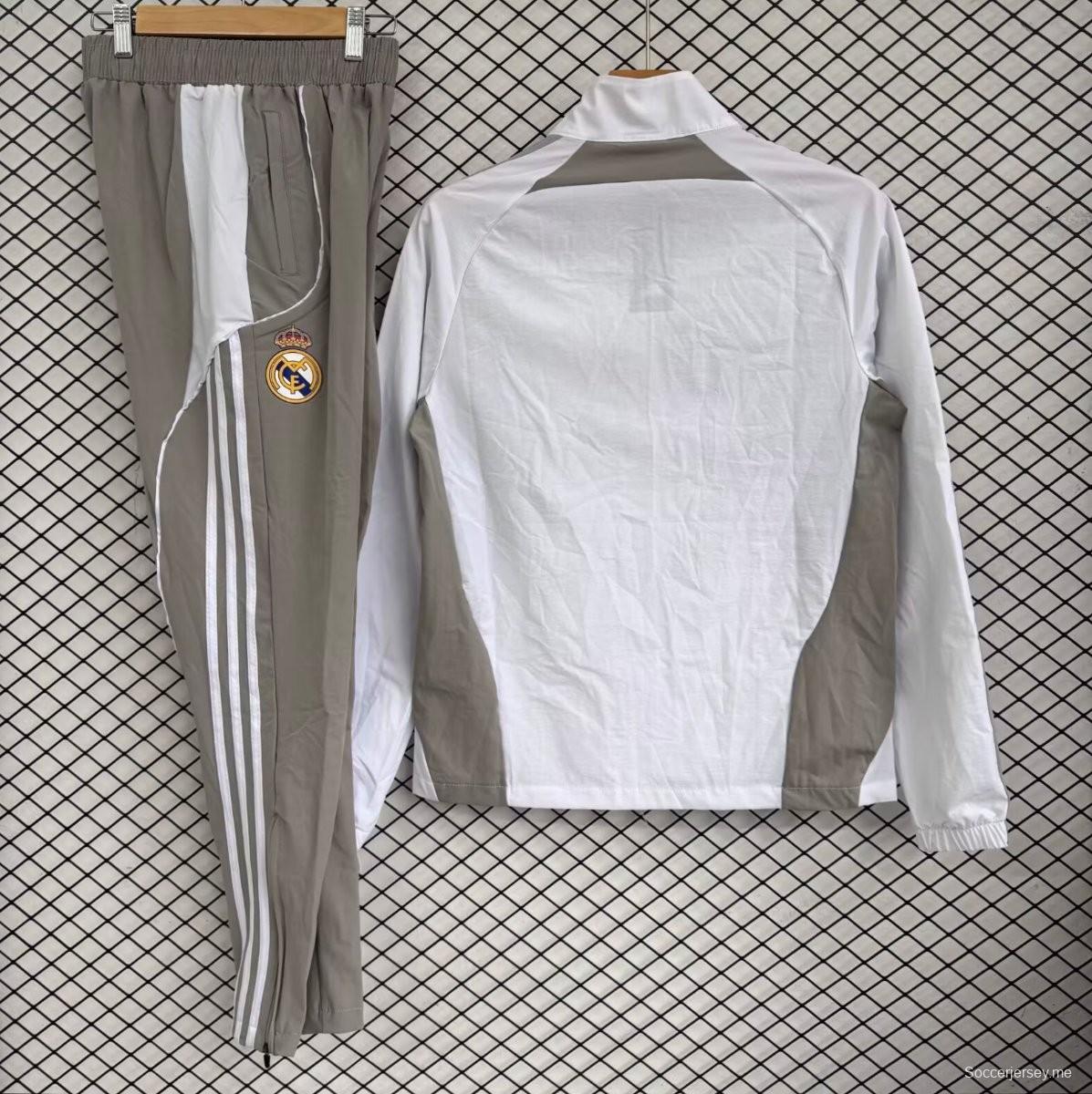 25/26 ريال مدريد أبيض مع رمادي سترة بسحاب كامل تراكيت + بنطلون طويل