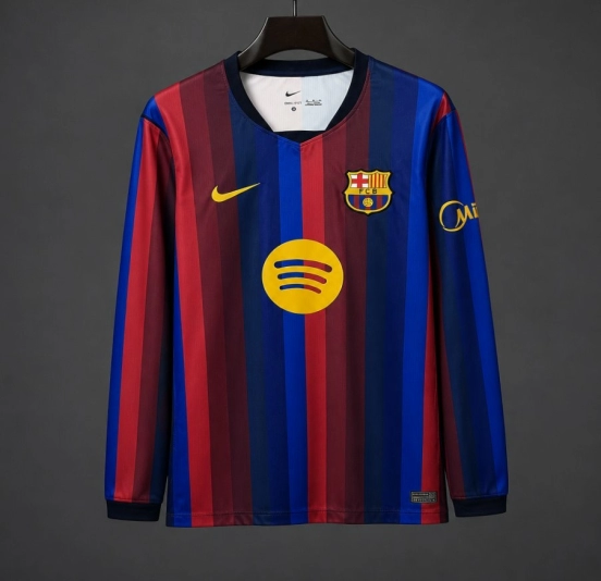قميص برشلونة الرسمي ذو الأكمام الطويلة بخطوط زرقاء وحمراء لمباريات الدوري، مقاس 26/27